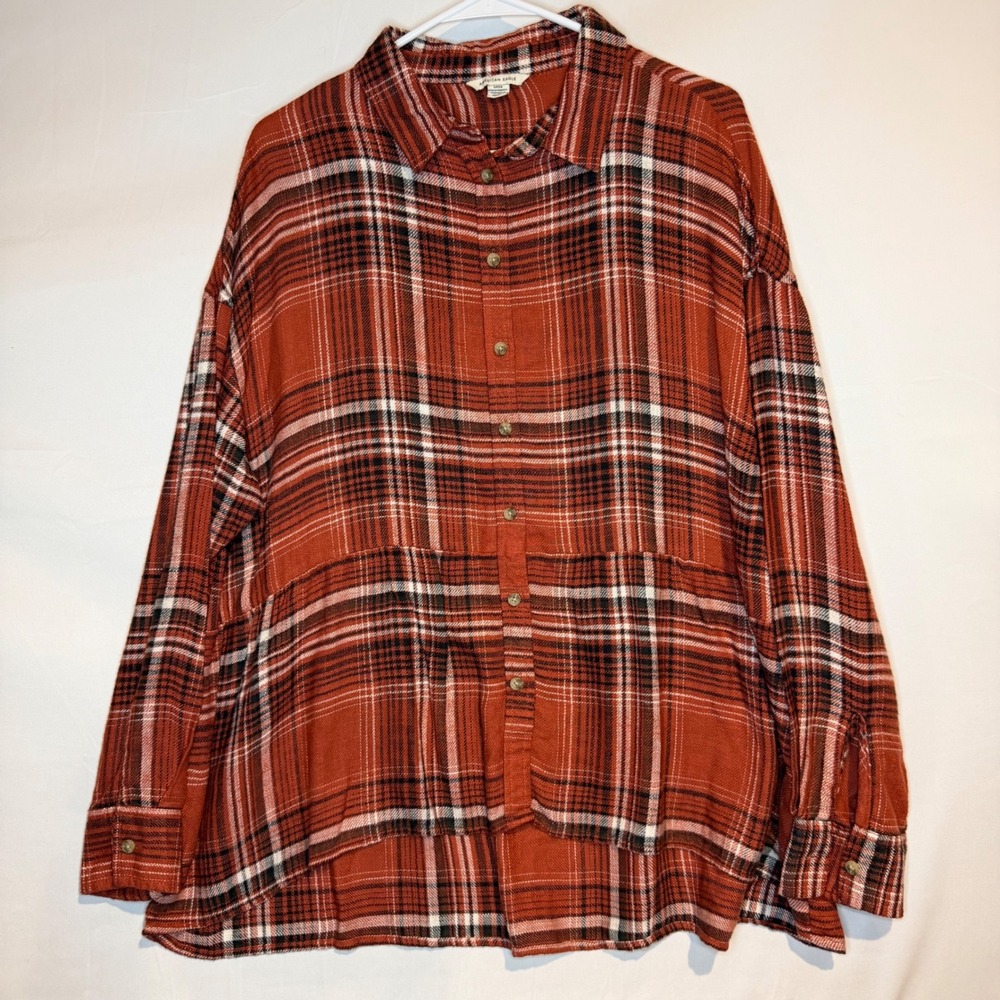 American Eagle Women S Rust Orange Plaid Peplum Oversized Button Down Shirt